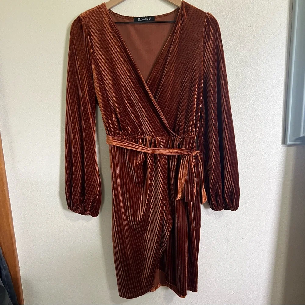 Simpler Rust Velvet Wrap Tie Dress- Size Large - Picture 2 of 7